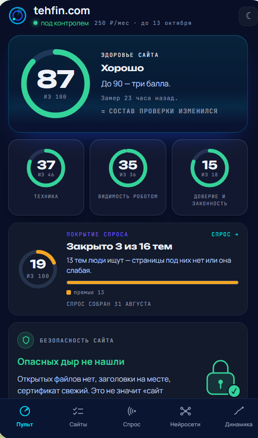 Пульт: балл сайта 87 из 100, техника, видимость роботом, доверие